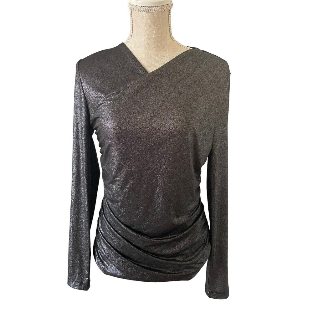 ELIE TAHARI Size M Gunmetal‎ Shimmer Gray Ruched Long Sleeve V-Neck Blouse